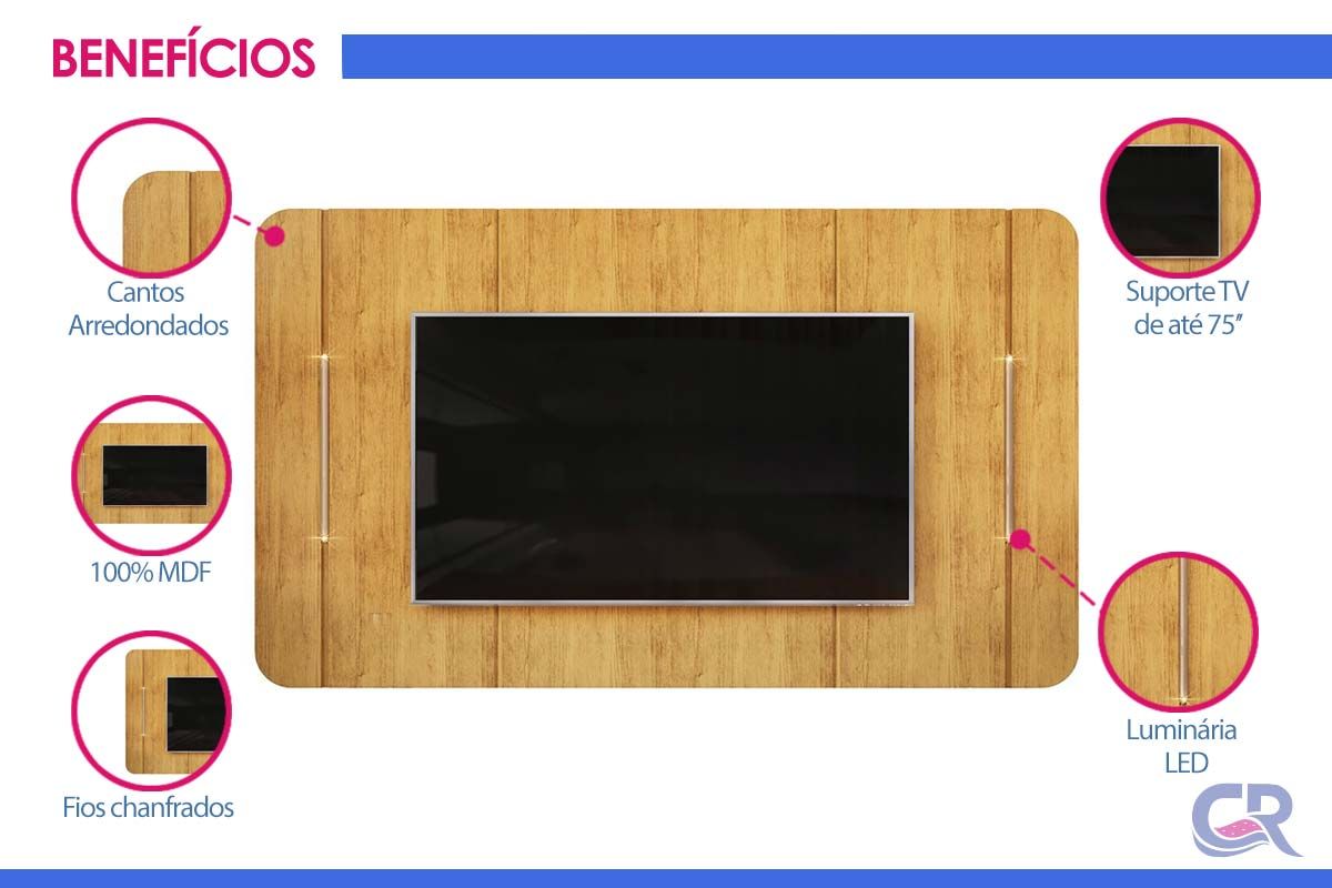 Rack Bancada c/ Painel p/ TV até 75 Pol Areta Led e Nicho 218x189cm - DJ Móveis