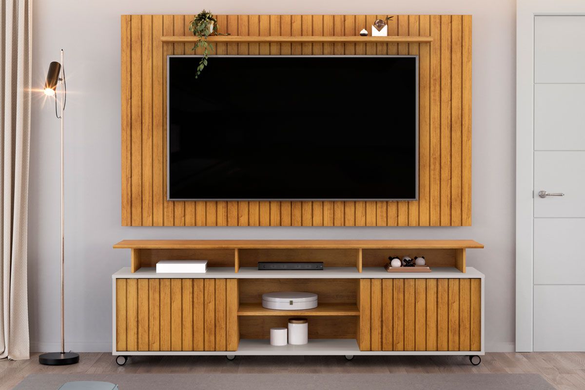 Rack Bancada c/ Painel p/ TV até 65 Pol Lume/Olimpic Ripado Prateleira e Nichos 180x168cm - DJ Móveis