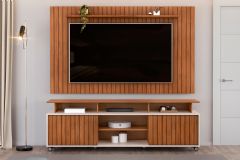 Rack Bancada c/ Painel p/ TV até 65 Pol Lume/Olimpic Ripado Prateleira e Nichos 180x168cm - DJ Móveis