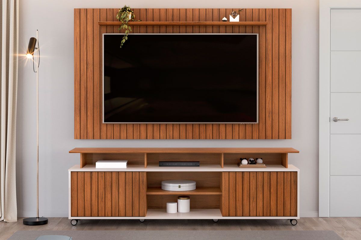 Rack Bancada c/ Painel p/ TV até 65 Pol Lume/Olimpic Ripado Prateleira e Nichos 180x168cm - DJ Móveis
