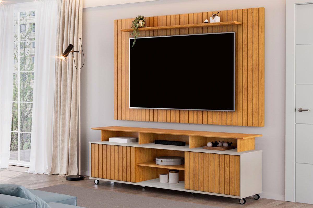 Rack Bancada c/ Painel p/ TV até 65 Pol Lume/Olimpic Ripado Prateleira e Nichos 180x168cm - DJ Móveis