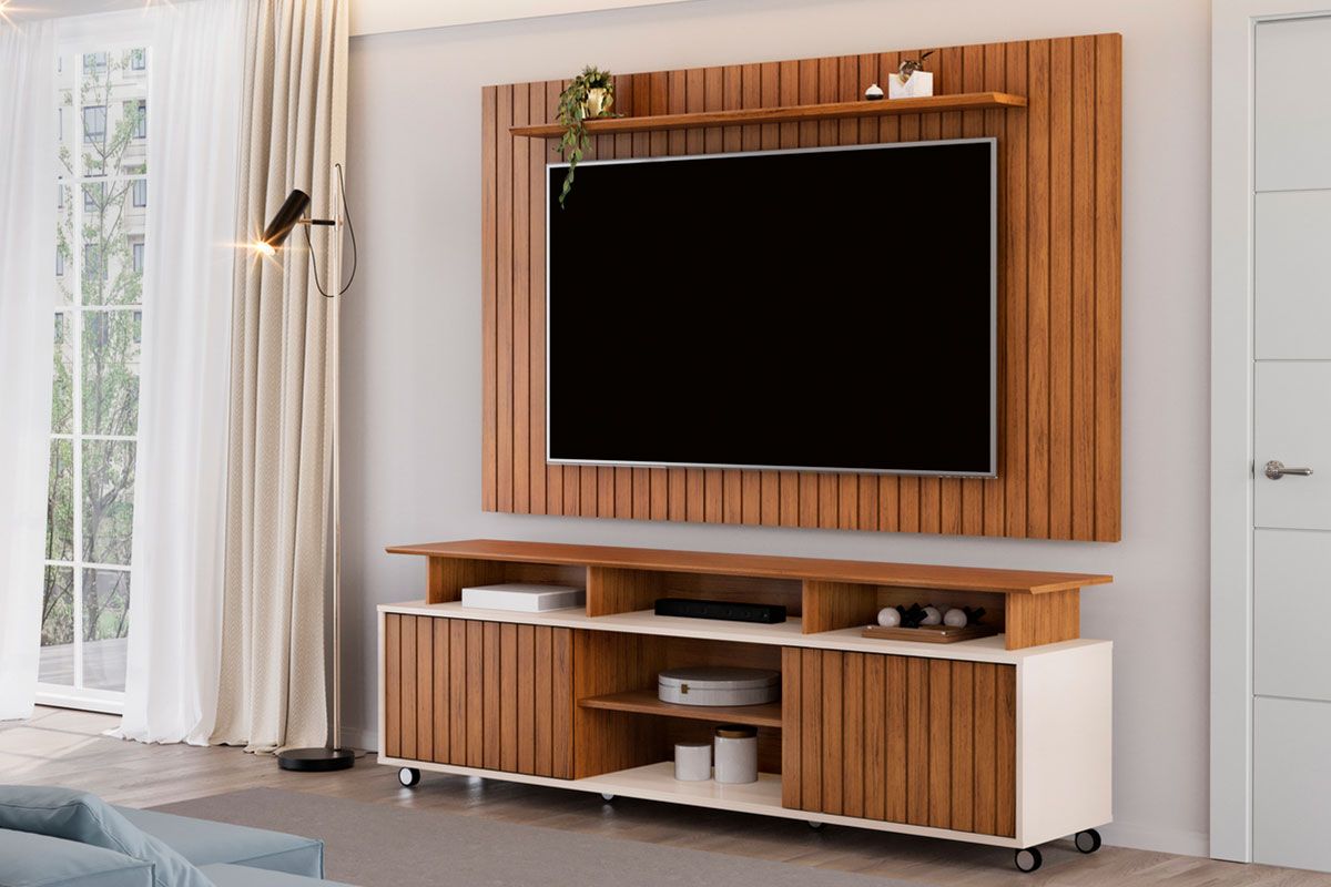 Rack Bancada c/ Painel p/ TV até 65 Pol Lume/Olimpic Ripado Prateleira e Nichos 180x168cm - DJ Móveis