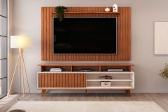 Rack Bancada c/ Painel p/ TV até 65 Pol Lume/Flow Ripado Porta e Nichos 180x168cm - DJ Móveis