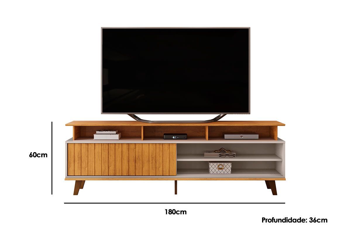 Rack Bancada c/ Painel p/ TV até 65 Pol Lume/Flow Ripado Porta e Nichos 180x168cm - DJ Móveis