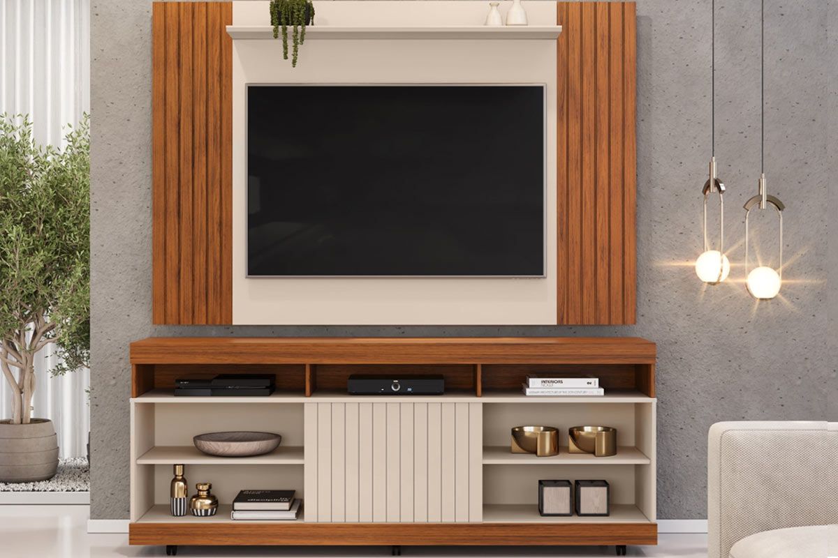 Rack Bancada c/ Painel p/ TV até 60 Pol Trend/Dili Ripado Porta e Nichos 160x175,7cm - DJ Móveis