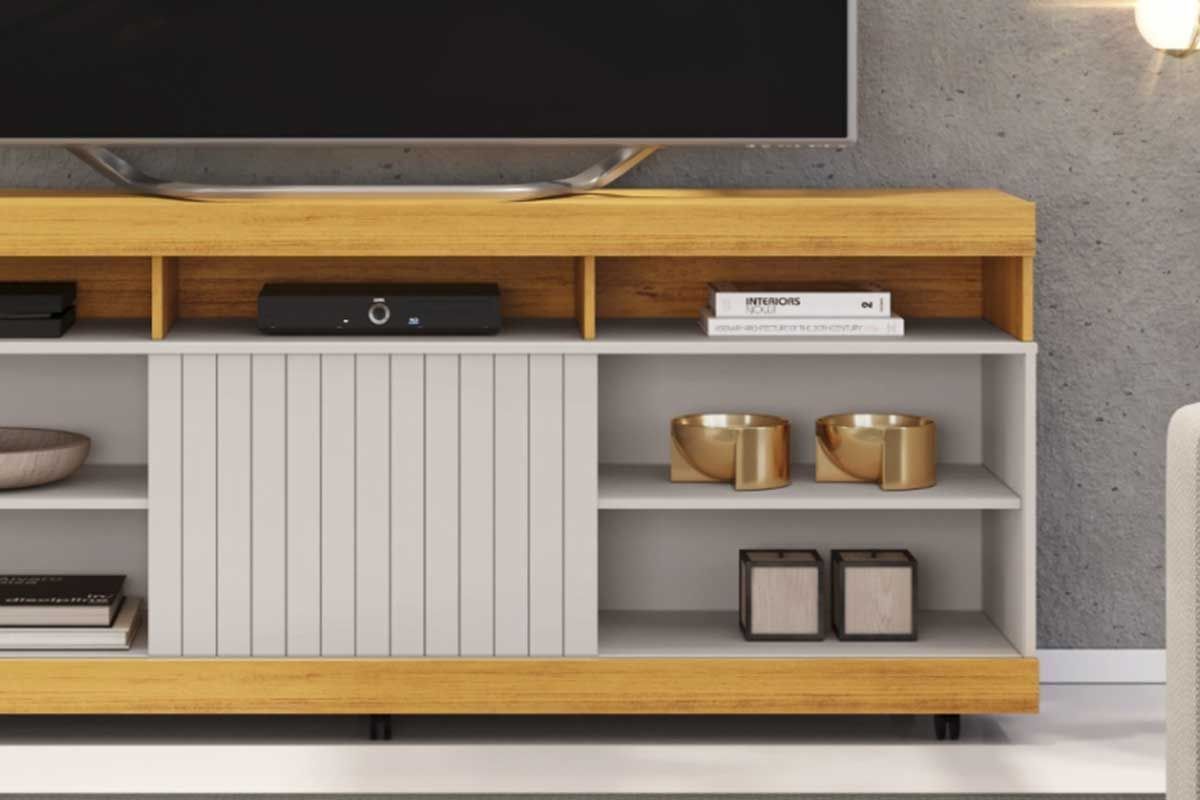 Rack Bancada c/ Painel p/ TV até 60 Pol Trend/Dili Ripado Porta e Nichos 160x175,7cm - DJ Móveis