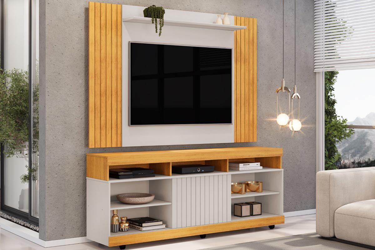 Rack Bancada c/ Painel p/ TV até 60 Pol Trend/Dili Ripado Porta e Nichos 160x175,7cm - DJ Móveis