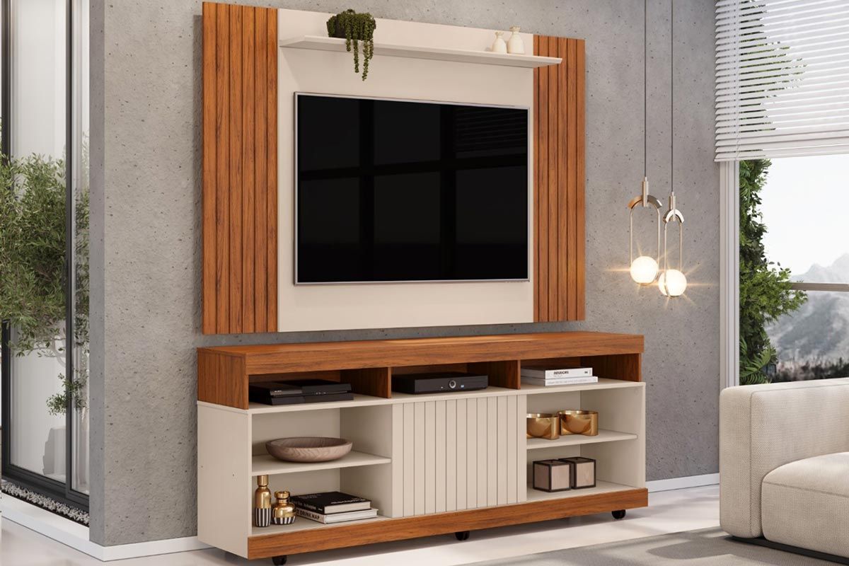 Rack Bancada c/ Painel p/ TV até 60 Pol Trend/Dili Ripado Porta e Nichos 160x175,7cm - DJ Móveis