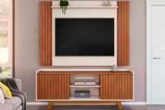 Rack Bancada c/ Painel p/ TV até 55 Pol Trend/Flat Ripado Portas e Nichos 150x168cm - DJ Móveis