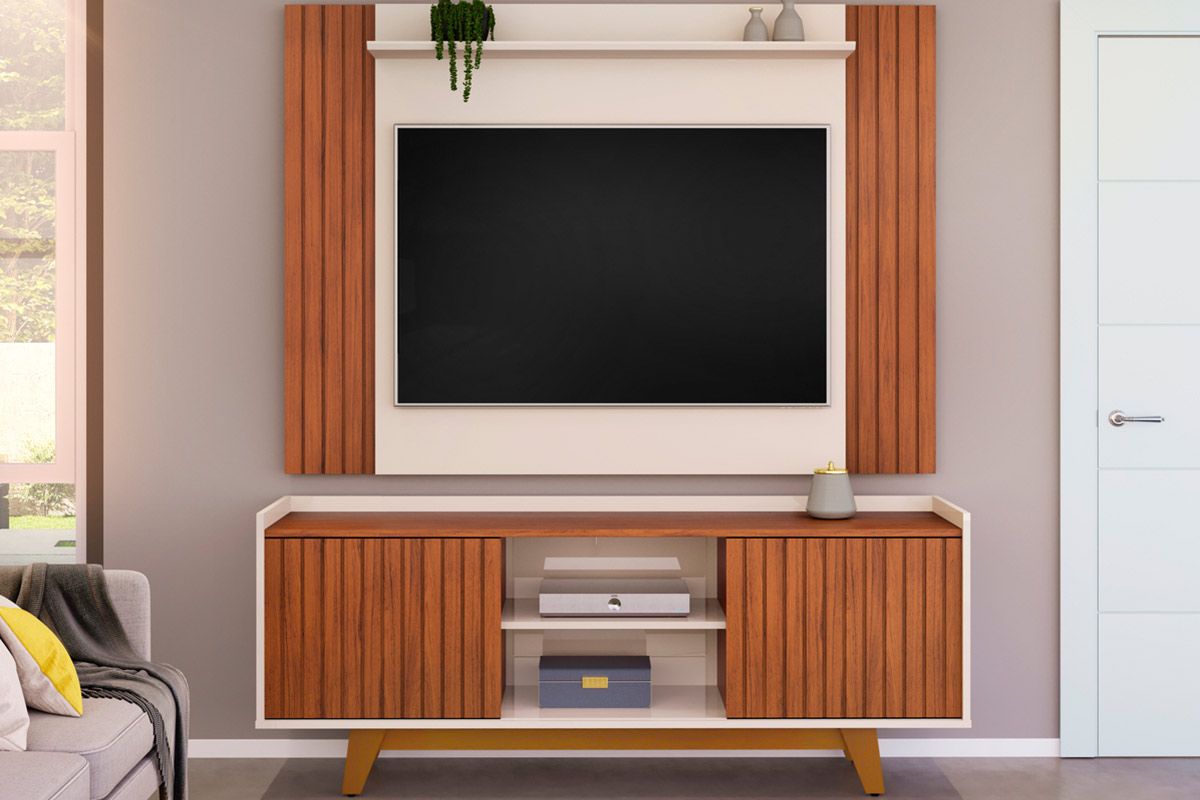 Rack Bancada c/ Painel p/ TV até 55 Pol Trend/Flat Ripado Portas e Nichos 150x168cm - DJ Móveis