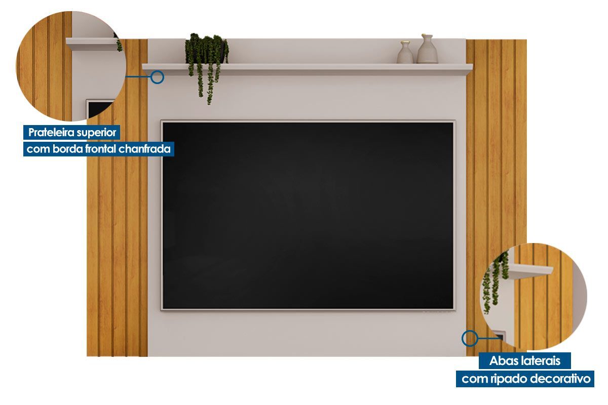 Rack Bancada c/ Painel p/ TV até 55 Pol Trend/Flat Ripado Portas e Nichos 150x168cm - DJ Móveis