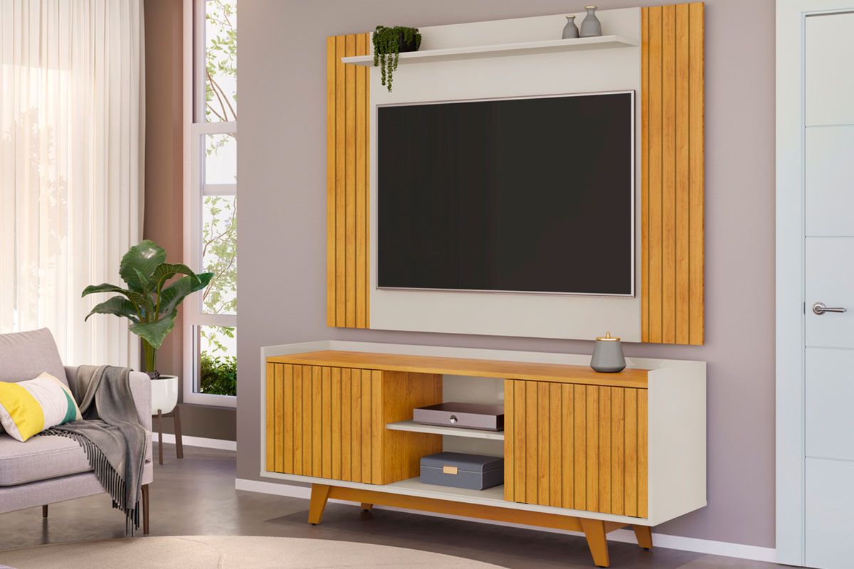 Rack Bancada c/ Painel p/ TV até 55 Pol Trend/Flat Ripado Portas e Nichos 150x168cm - DJ Móveis