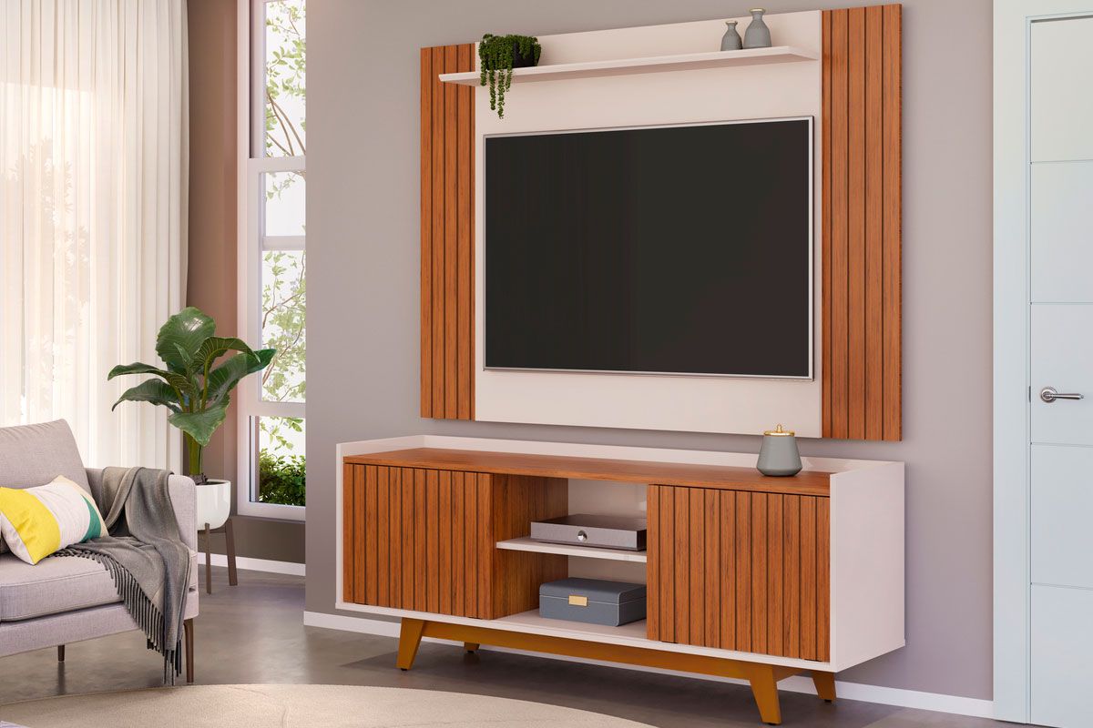 Rack Bancada c/ Painel p/ TV até 55 Pol Trend/Flat Ripado Portas e Nichos 150x168cm - DJ Móveis