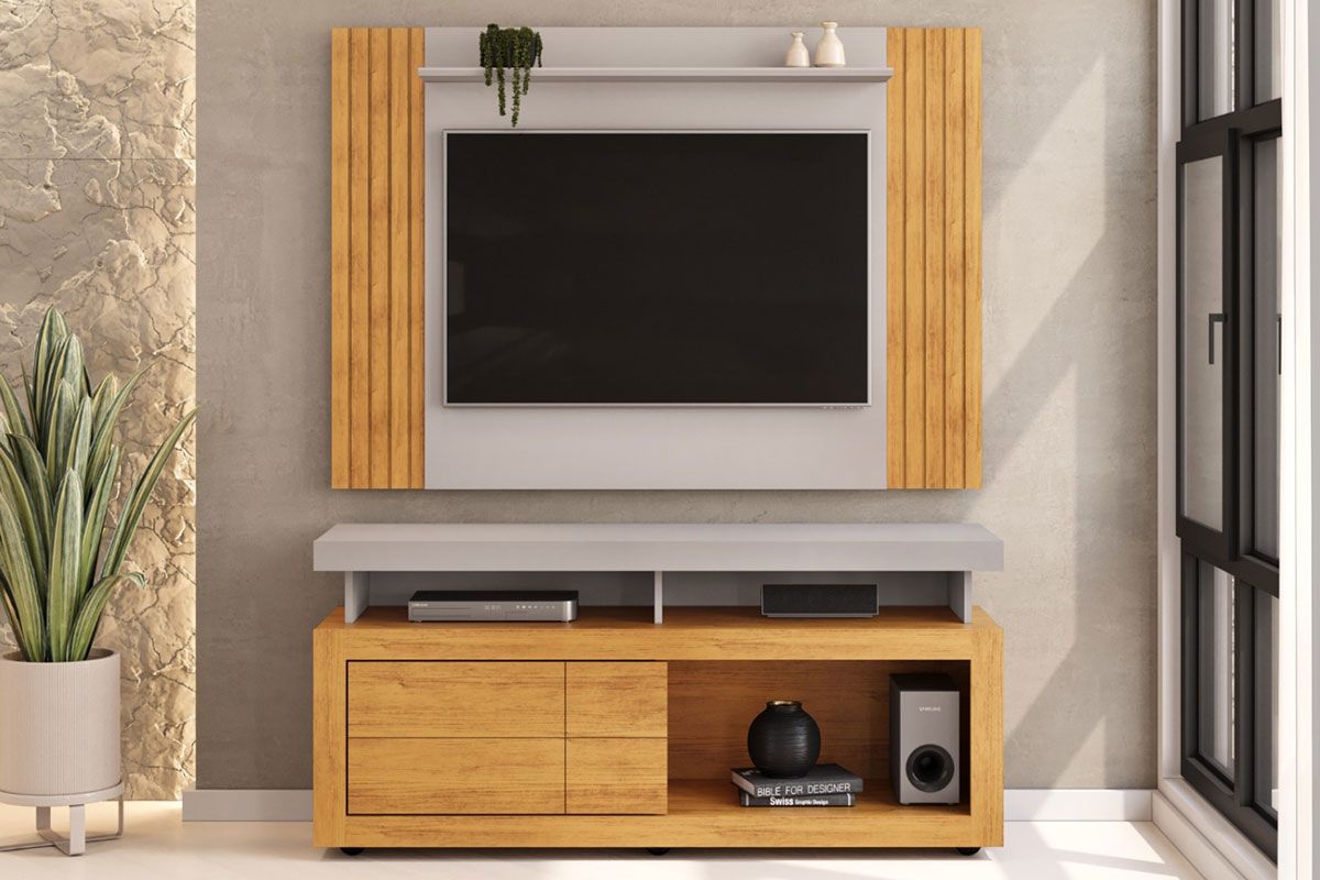 Rack Bancada c/ Painel p/ TV até 50 Pol Trend/Verano Ripado Porta e Nichos 136x174cm - DJ Móveis