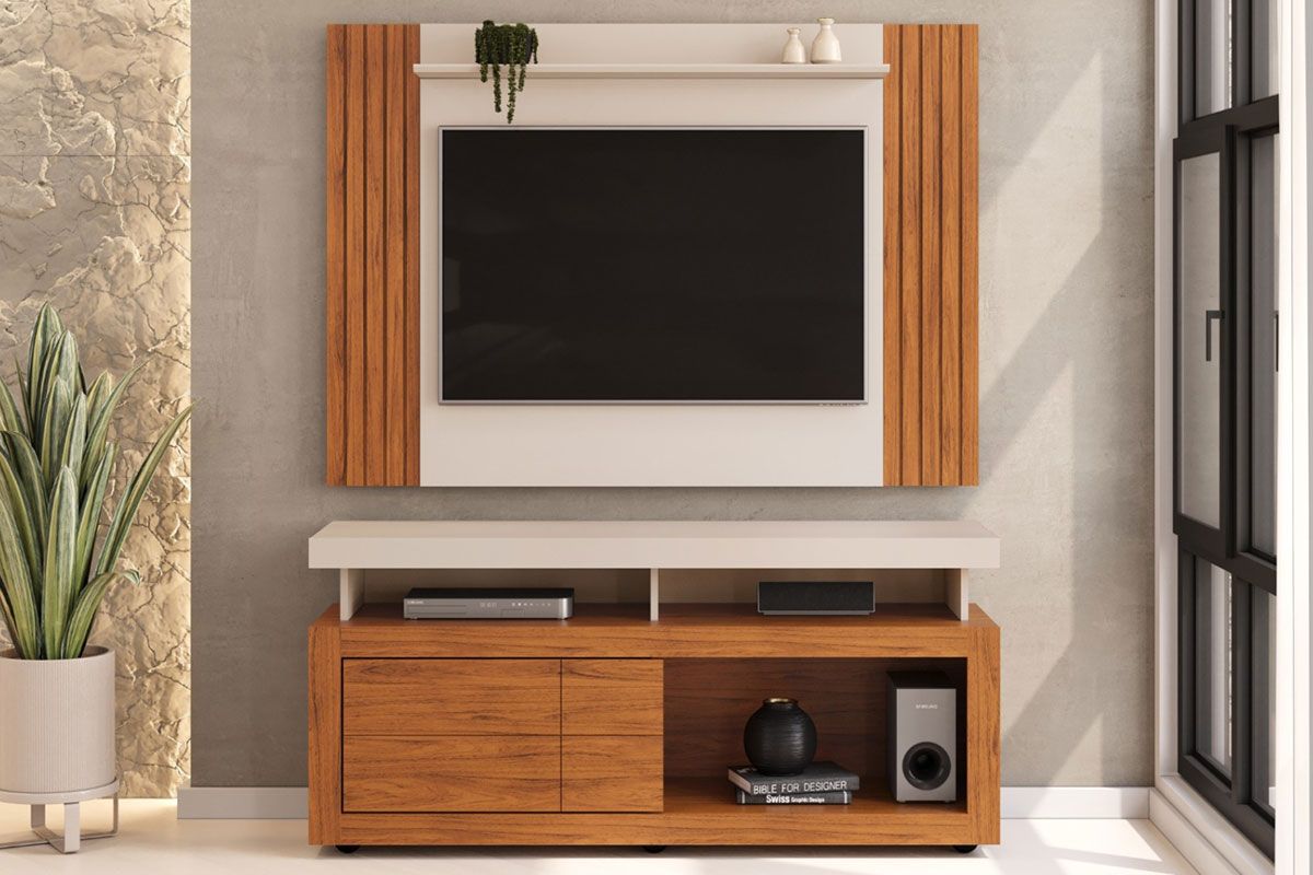 Rack Bancada c/ Painel p/ TV até 50 Pol Trend/Verano Ripado Porta e Nichos 136x174cm - DJ Móveis