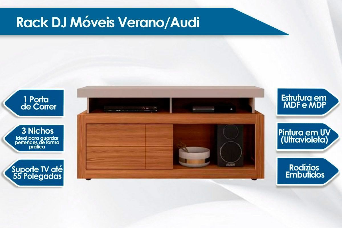 Rack Bancada c/ Painel p/ TV até 50 Pol Trend/Verano Ripado Porta e Nichos 136x174cm - DJ Móveis