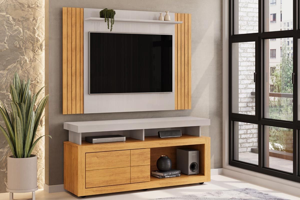 Rack Bancada c/ Painel p/ TV até 50 Pol Trend/Verano Ripado Porta e Nichos 136x174cm - DJ Móveis
