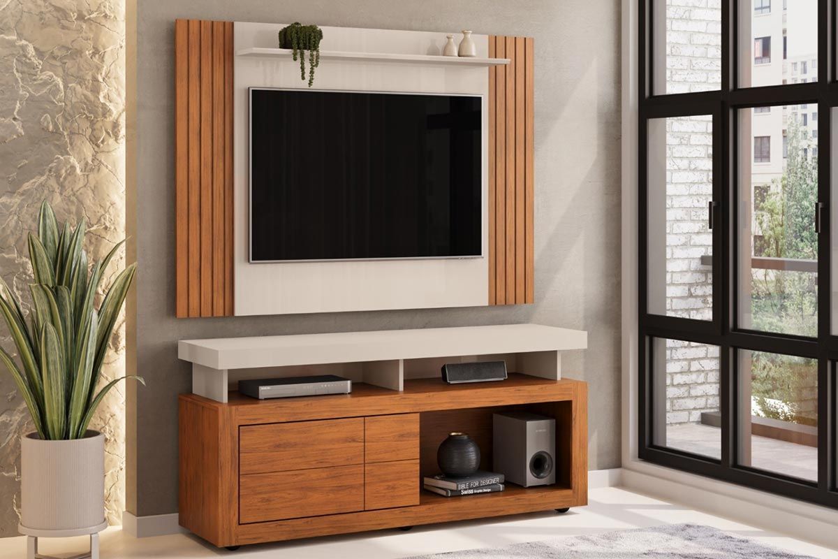 Rack Bancada c/ Painel p/ TV até 50 Pol Trend/Verano Ripado Porta e Nichos 136x174cm - DJ Móveis