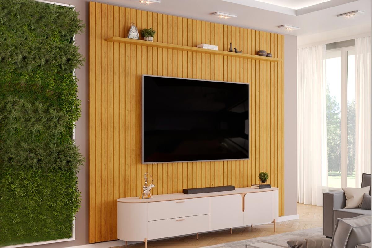 Rack Bancada c/ Painel p/ TV até 80 Pol Pratic / Celine Ripado Portas e Gavetas 275x240cm - DJ Móveis
