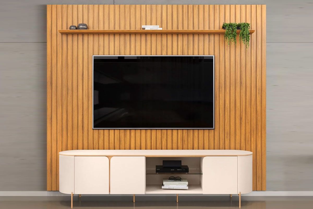Rack Bancada c/ Painel p/ TV até 75 Pol Trento/Ariana Ripado Portas e Nichos 275,7x240cm - DJ Móveis