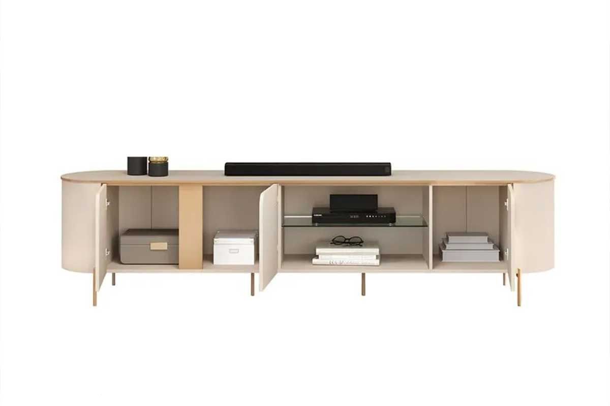 Rack Bancada c/ Painel p/ TV até 75 Pol Trento/Ariana Ripado Portas e Nichos 275,7x240cm - DJ Móveis