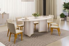 Sala de Jantar Completa Liz c/ Tampo Madeirado c/ Vidro Oval 218x108cm e 8 Cadeiras Sofia - DJ Móveis