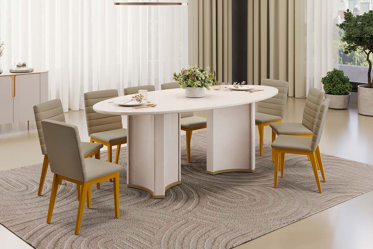 Sala de Jantar Completa Liz c/ Tampo Madeirado c/ Vidro Oval 218x108cm e 8 Cadeiras Sofia - DJ Móveis