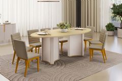 Sala de Jantar Completa Liz c/ Tampo Madeirado c/ Vidro Oval 218x108cm e 8 Cadeiras Sofia - DJ Móveis