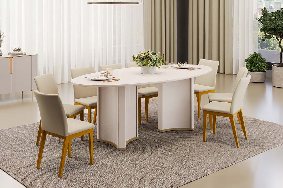 Sala de Jantar Completa Liz c/ Tampo Madeirado c/ Vidro Oval 218x108cm e 8 Cadeiras Vitória - DJ Móveis