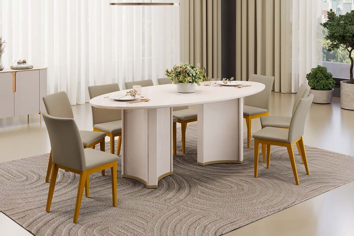 Sala de Jantar Completa Liz c/ Tampo Madeirado c/ Vidro Oval 218x108cm e 8 Cadeiras Vitória - DJ Móveis