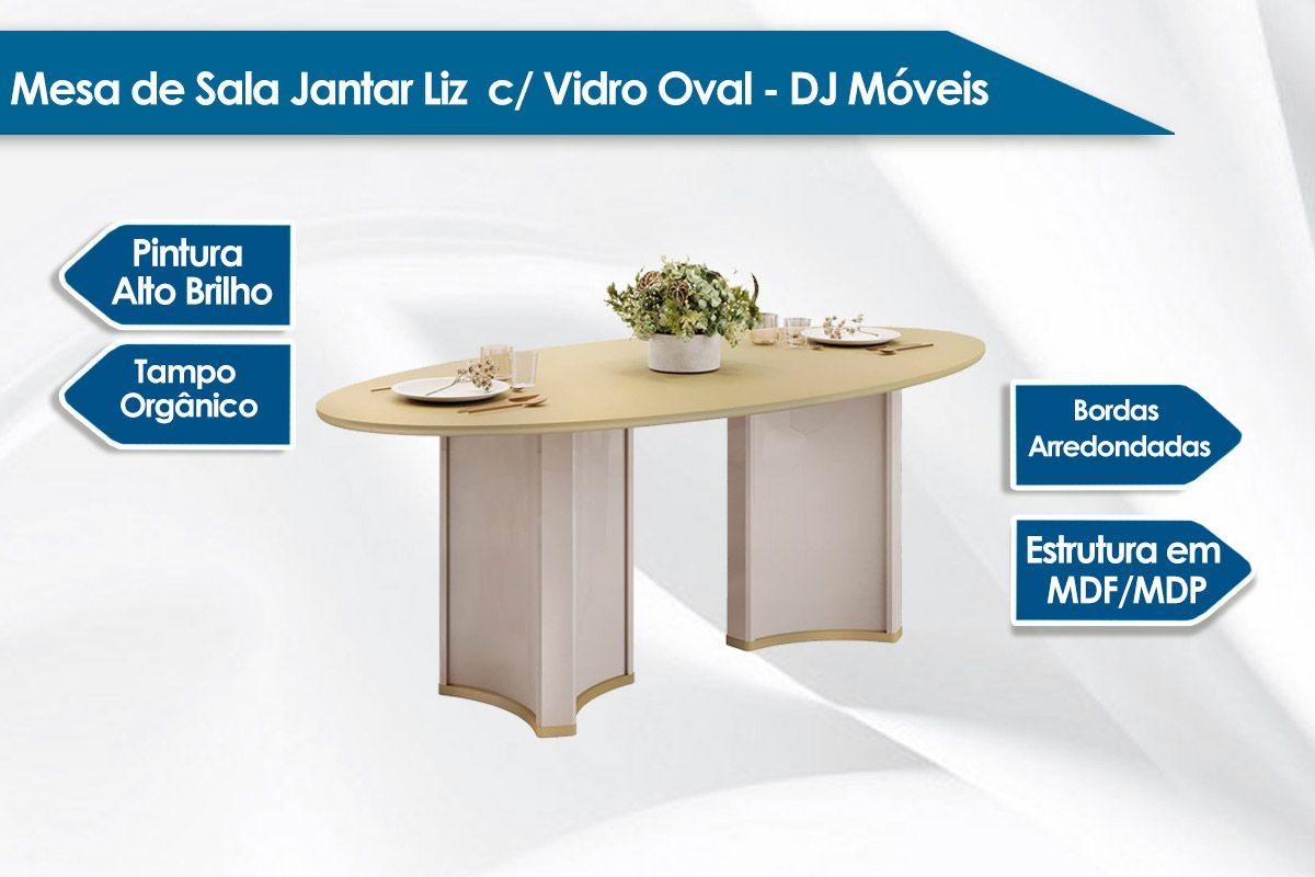 Sala de Jantar Completa Liz c/ Tampo Madeirado c/ Vidro Oval 218x108cm e 8 Cadeiras Vitória - DJ Móveis