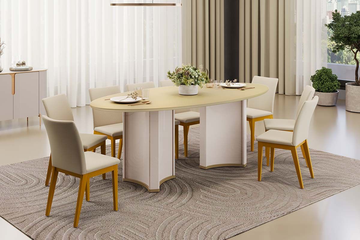 Sala de Jantar Completa Liz c/ Tampo Madeirado c/ Vidro Oval 218x108cm e 8 Cadeiras Vitória - DJ Móveis