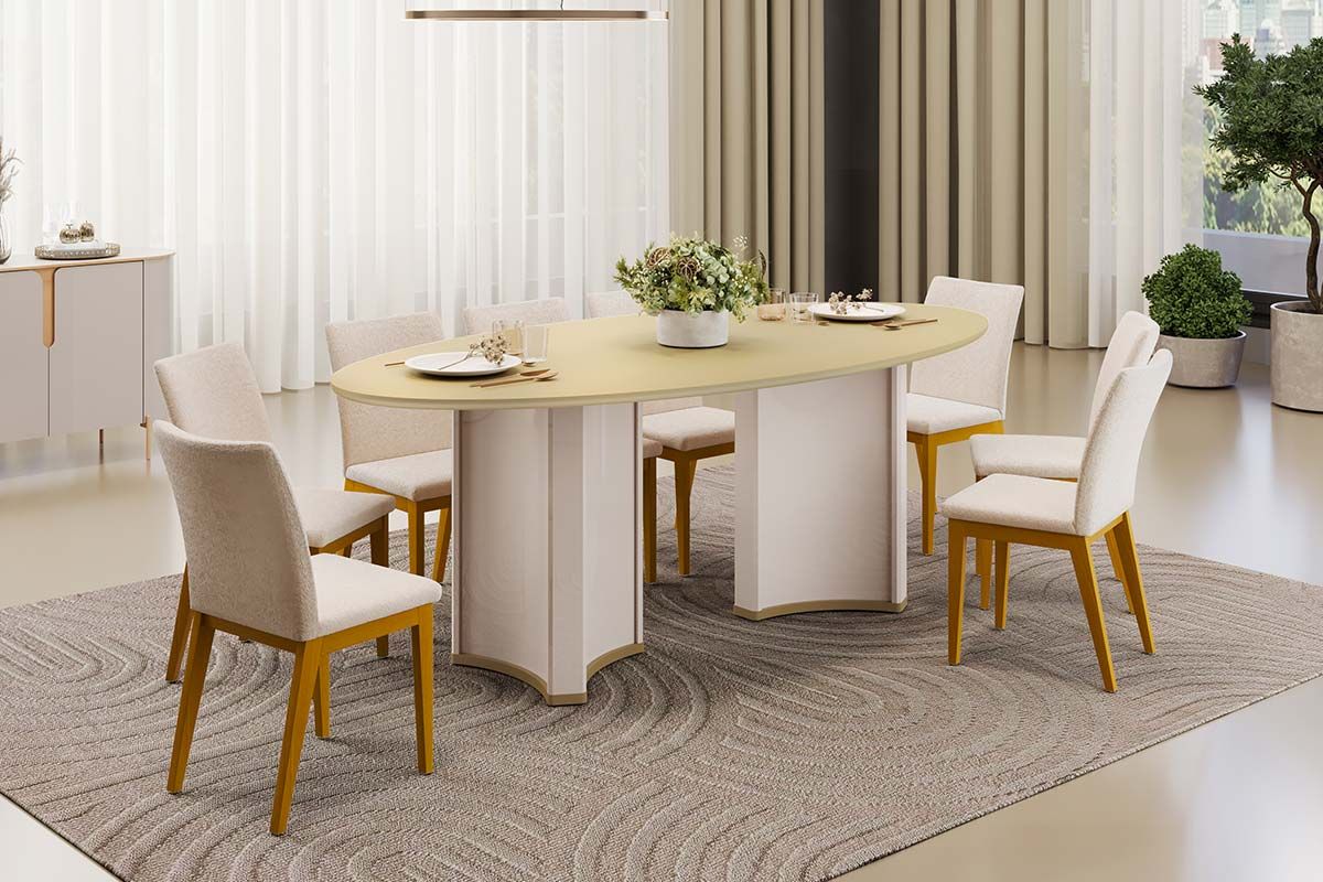 Sala de Jantar Completa Liz c/ Tampo Madeirado c/ Vidro Oval 218x108cm e 8 Cadeiras Vitória - DJ Móveis