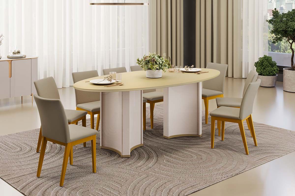 Sala de Jantar Completa Liz c/ Tampo Madeirado c/ Vidro Oval 218x108cm e 8 Cadeiras Vitória - DJ Móveis