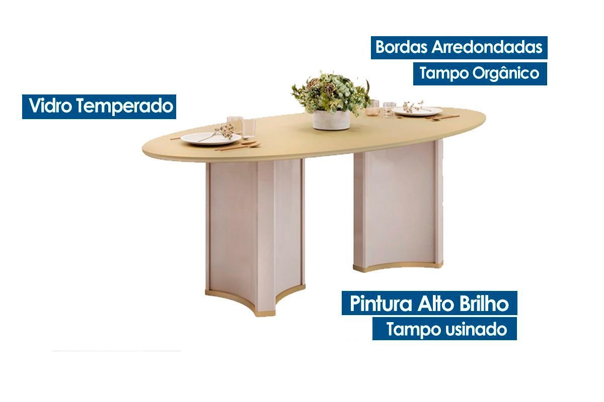 Sala de Jantar Completa Liz c/ Tampo Madeirado c/ Vidro Oval 218x108cm e 8 Cadeiras Vitória - DJ Móveis