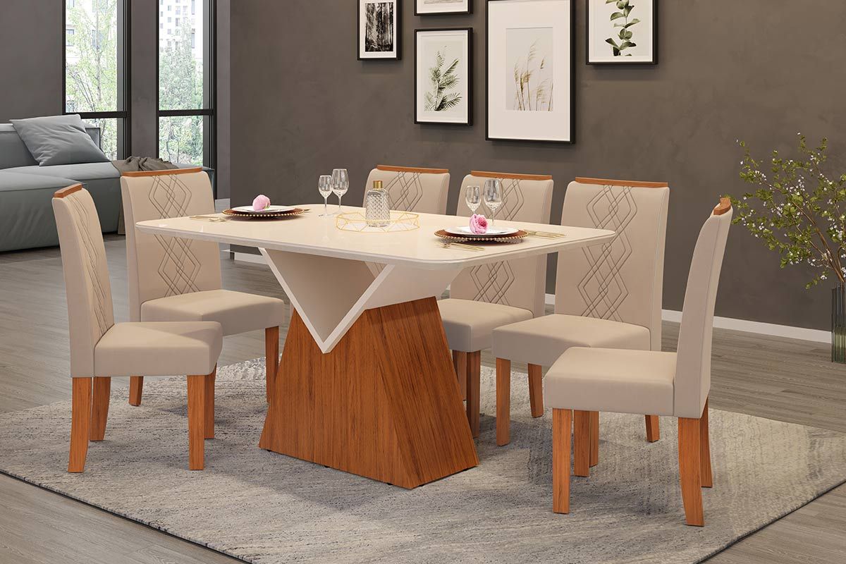 Sala de Jantar Completa Argo c/ Tampo Madeirado c/ Vidro Curvo 136x90cm e 6 Cadeiras Ayla - DJ Móveis