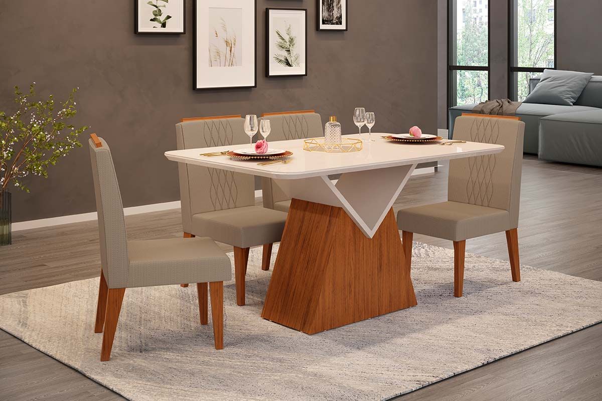 Sala de Jantar Completa Argo c/ Tampo Madeirado c/ Vidro Curvo 136x90cm e 4 Cadeiras Lia - DJ Móveis