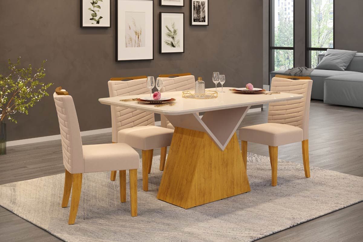 Sala de Jantar Completa Argo c/ Tampo Madeirado c/ Vidro Curvo 136x90cm e 4 Cadeiras Julia - DJ Móveis