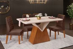 Sala de Jantar Completa Argo c/ Tampo Madeirado c/ Vidro Curvo 136x90cm e 4 Cadeiras Ondina - DJ Móveis