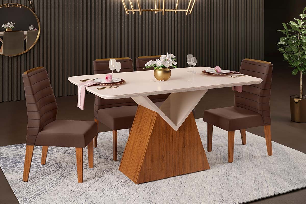 Sala de Jantar Completa Argo c/ Tampo Madeirado c/ Vidro Curvo 136x90cm e 4 Cadeiras Ondina - DJ Móveis