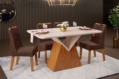 Sala de Jantar Completa Argo c/ Tampo Madeirado c/ Vidro Curvo 136x90cm e 4 Cadeiras Stela - DJ Móveis