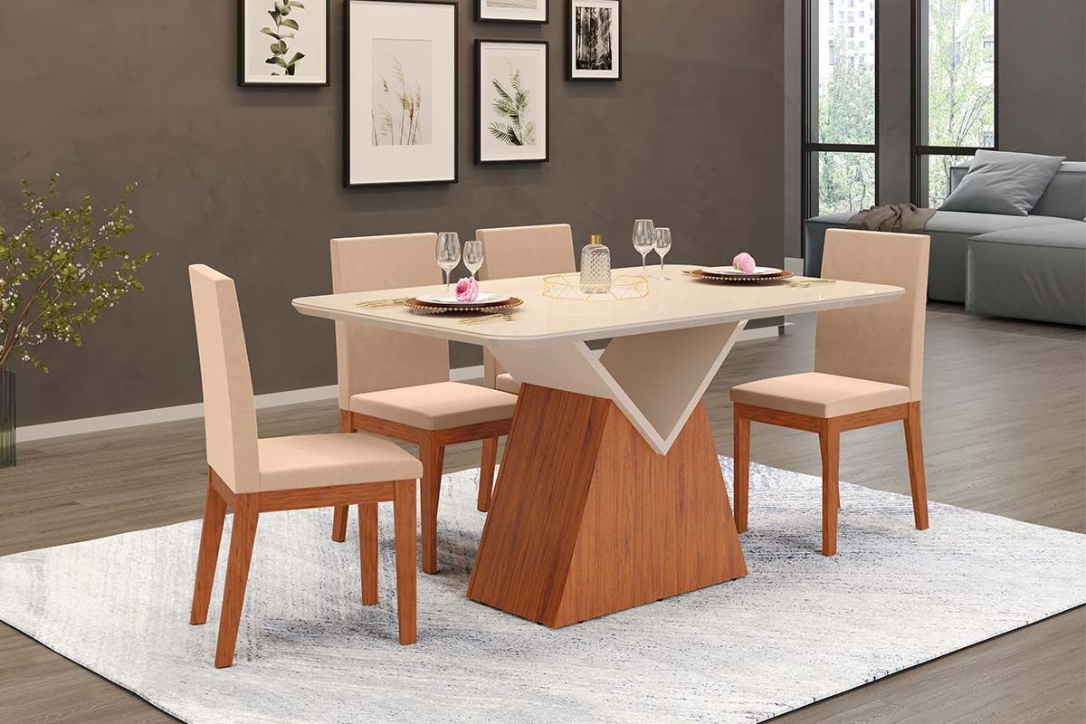 Sala de Jantar Completa Argo c/ Tampo Madeirado c/ Vidro Curvo 136x90cm e 4 Cadeiras Suzy - DJ Móveis