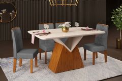 Sala de Jantar Completa Argo c/ Tampo Madeirado c/ Vidro Curvo 136x90cm e 4 Cadeiras Zoe - DJ Móveis