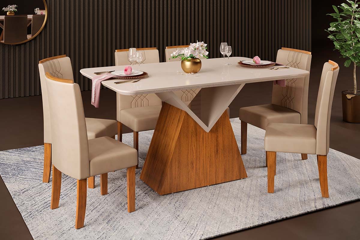Sala de Jantar Completa Argo c/ Tampo Madeirado c/ Vidro Curvo 136x90cm e 6 Cadeiras Zoe - DJ Móveis