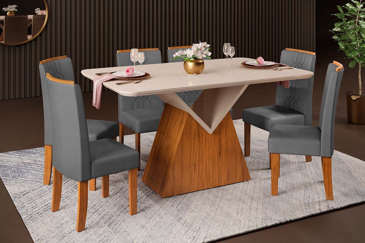 Sala de Jantar Completa Argo c/ Tampo Madeirado c/ Vidro Curvo 136x90cm e 6 Cadeiras Zoe - DJ Móveis