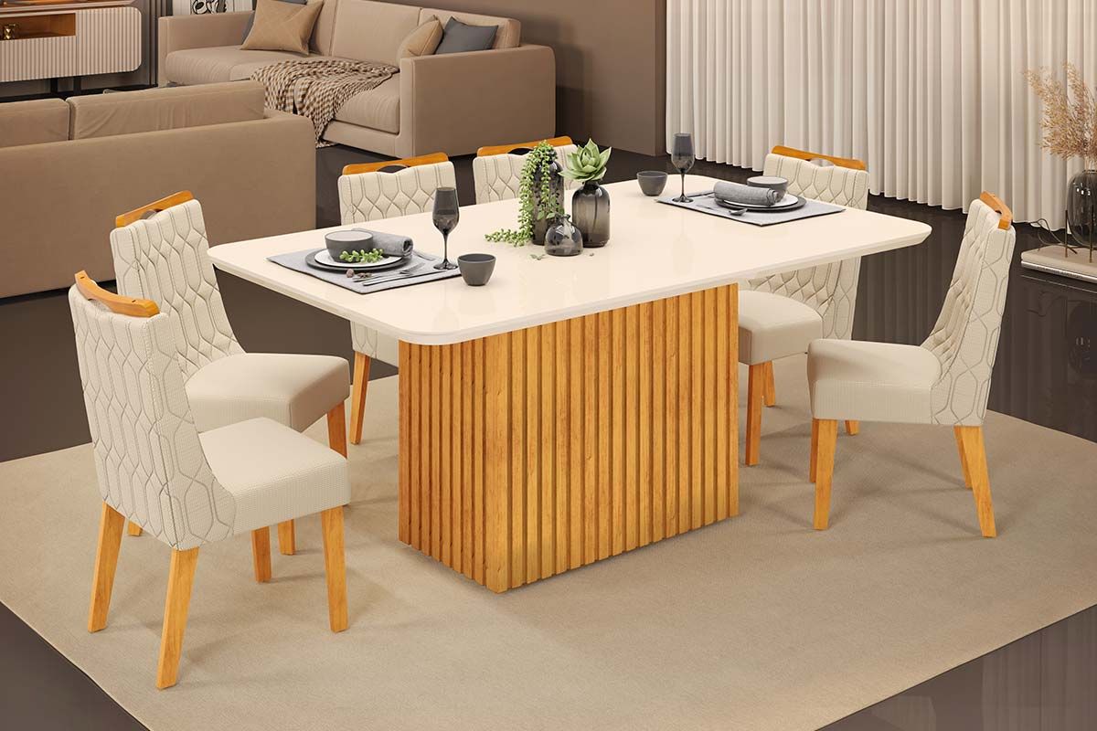 Sala de Jantar Completa Canes c/ Tampo Madeirado c/ Vidro Curvo 170x90cm e 6 Cadeiras Bia - DJ Móveis