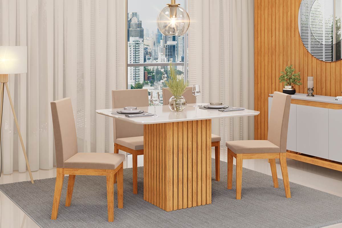 Sala de Jantar Completa Canes c/ Tampo Madeirado c/ Vidro Curvo 120x90cm e 4 Cadeiras Suzy - DJ Móveis