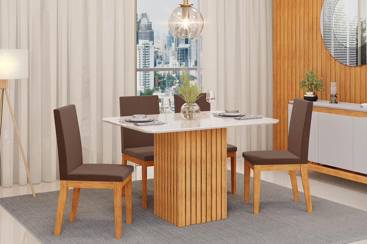 Sala de Jantar Completa Canes c/ Tampo Madeirado c/ Vidro Curvo 120x90cm e 4 Cadeiras Suzy - DJ Móveis