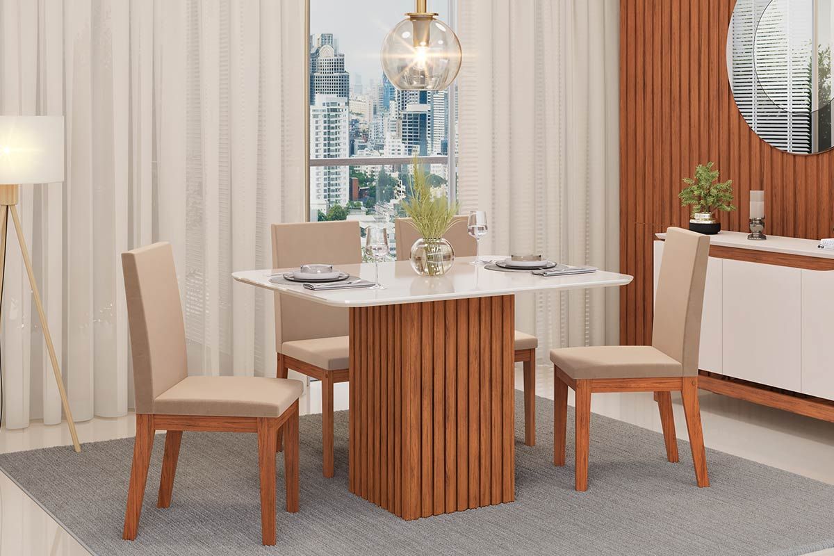 Sala de Jantar Completa Canes c/ Tampo Madeirado c/ Vidro Curvo 120x90cm e 4 Cadeiras Suzy - DJ Móveis