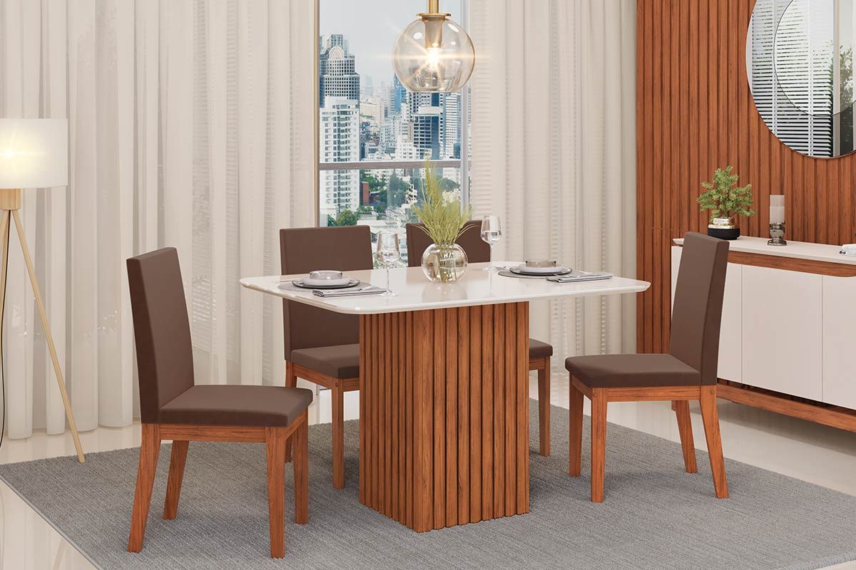 Sala de Jantar Completa Canes c/ Tampo Madeirado c/ Vidro Curvo 120x90cm e 4 Cadeiras Suzy - DJ Móveis